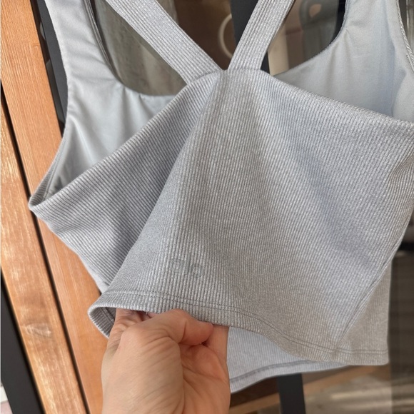 ALO Ribbed Alosoft Longline Sports Bra Athletic Heather squareneck chic tank top - Picture 2 of 8